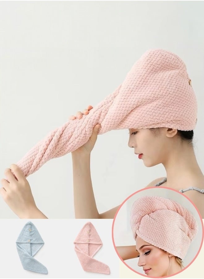 Glowudz™ 2 Pack Absorbent Microfiber Hair Towel Turban Wraps Twist Hair Drying Towel With Elastic Loop Quick Dry Pink And Blue