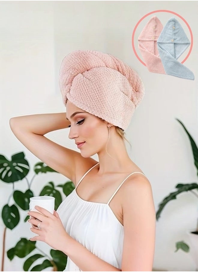 Glowudz™ 2 Pack Absorbent Microfiber Hair Towel Turban Wraps Twist Hair Drying Towel With Elastic Loop Quick Dry Pink And Blue