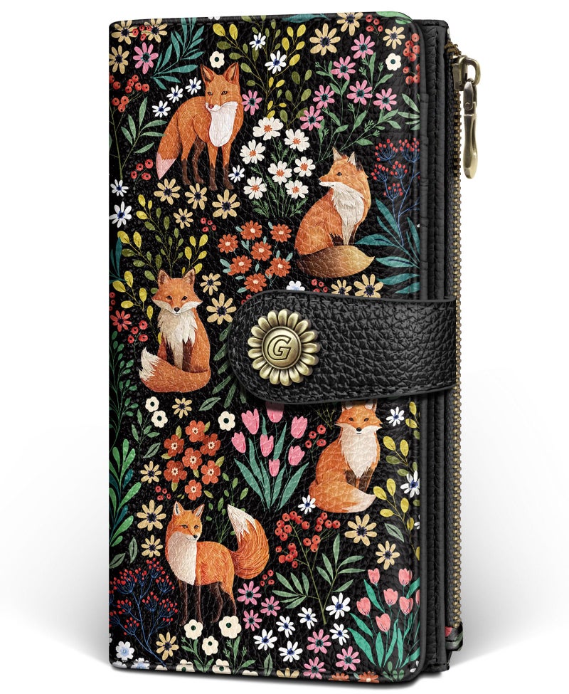 GIANCOMICS Cute Fox Womens Wallet RFID Blocking, Flower Credit Card Holder Bifold, PU Leather Travel Billfold, Long Cash Purse, Zipper Coin Pocket Clutch, 1 ID Window, 11 Card Slot, Ladies Gift Woman - Image 1