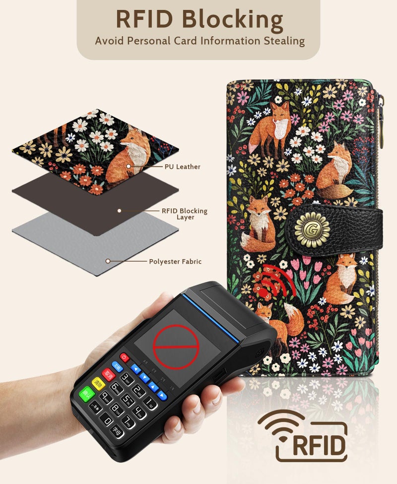 GIANCOMICS Cute Fox Womens Wallet RFID Blocking, Flower Credit Card Holder Bifold, PU Leather Travel Billfold, Long Cash Purse, Zipper Coin Pocket Clutch, 1 ID Window, 11 Card Slot, Ladies Gift Woman - Image 4