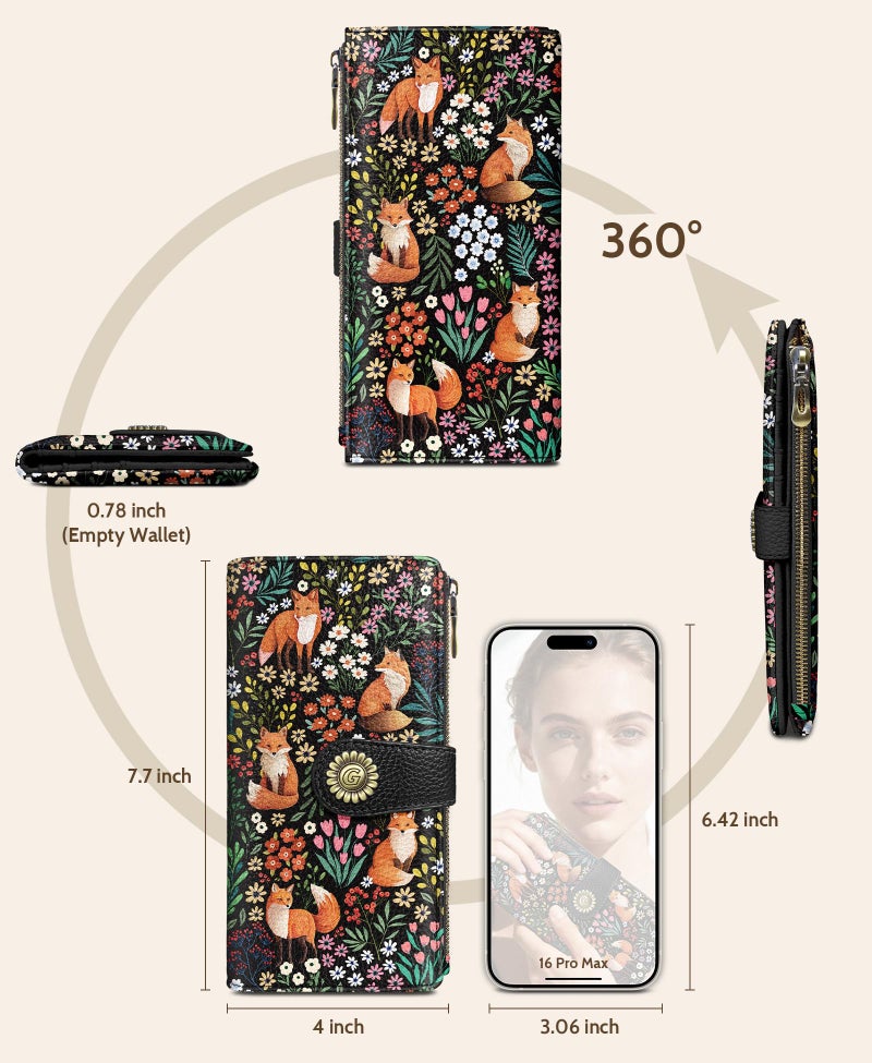 GIANCOMICS Cute Fox Womens Wallet RFID Blocking, Flower Credit Card Holder Bifold, PU Leather Travel Billfold, Long Cash Purse, Zipper Coin Pocket Clutch, 1 ID Window, 11 Card Slot, Ladies Gift Woman - Image 5