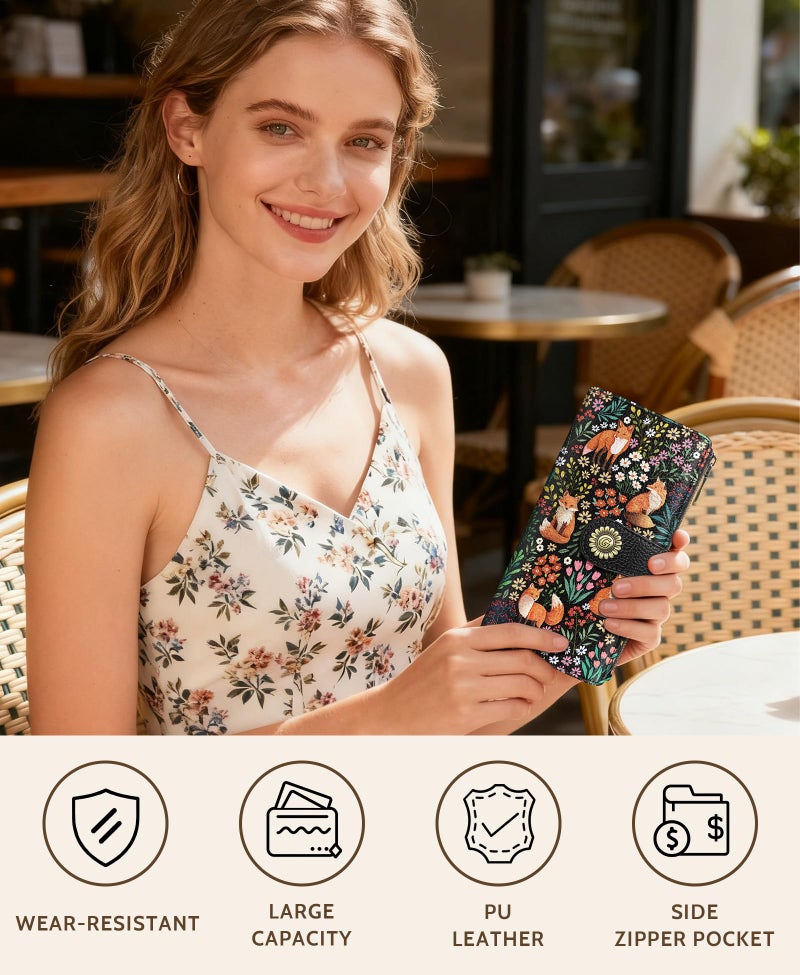 GIANCOMICS Cute Fox Womens Wallet RFID Blocking, Flower Credit Card Holder Bifold, PU Leather Travel Billfold, Long Cash Purse, Zipper Coin Pocket Clutch, 1 ID Window, 11 Card Slot, Ladies Gift Woman - Image 2