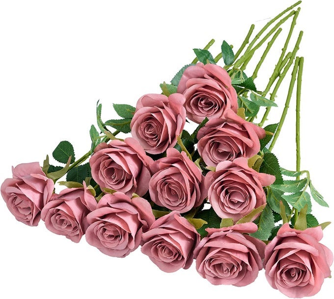 12PCS ROSES ARTIFICIAL FLOWERS FAKE ROSES DUSTY ROSE PINK SILK ROSES SILK FLOWERS ROSE WITH LONG STEMS FOR WEDDING HOME PARTY CENTERPIECES DECORATIONS