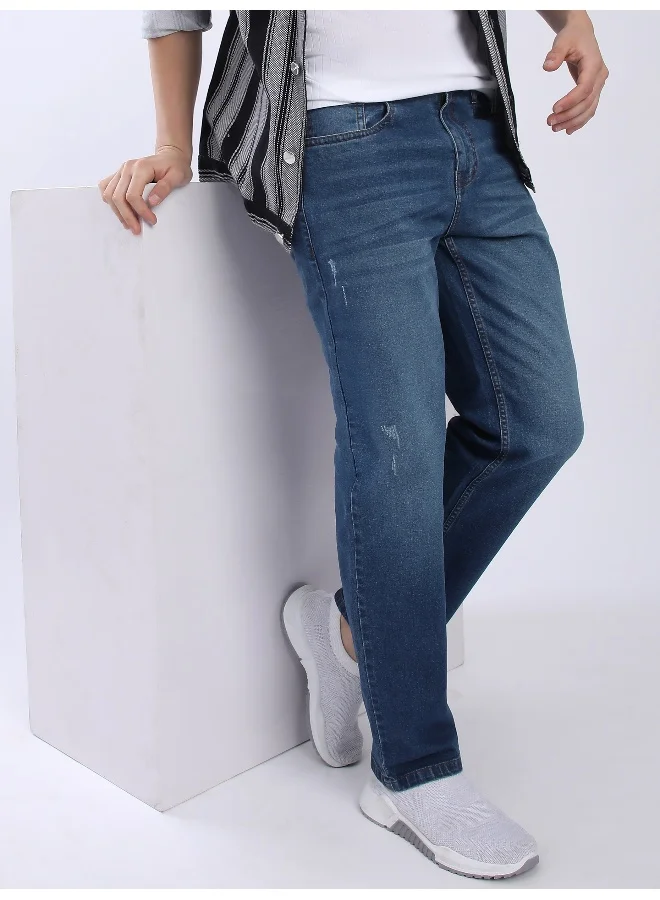 بيونغ جينز رجالي بقصة منتظمة بلون أزرق باهت مع تفاصيل الشارب