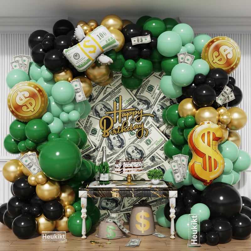 Heukikt 150Pcs Dollar Balloon Arch Kit, Green Metallic Gold Black Balloons with Dollar Foil Balloons for Birthday Money Theme Casino Anniversary Poker Night Party Decorations - Image 1