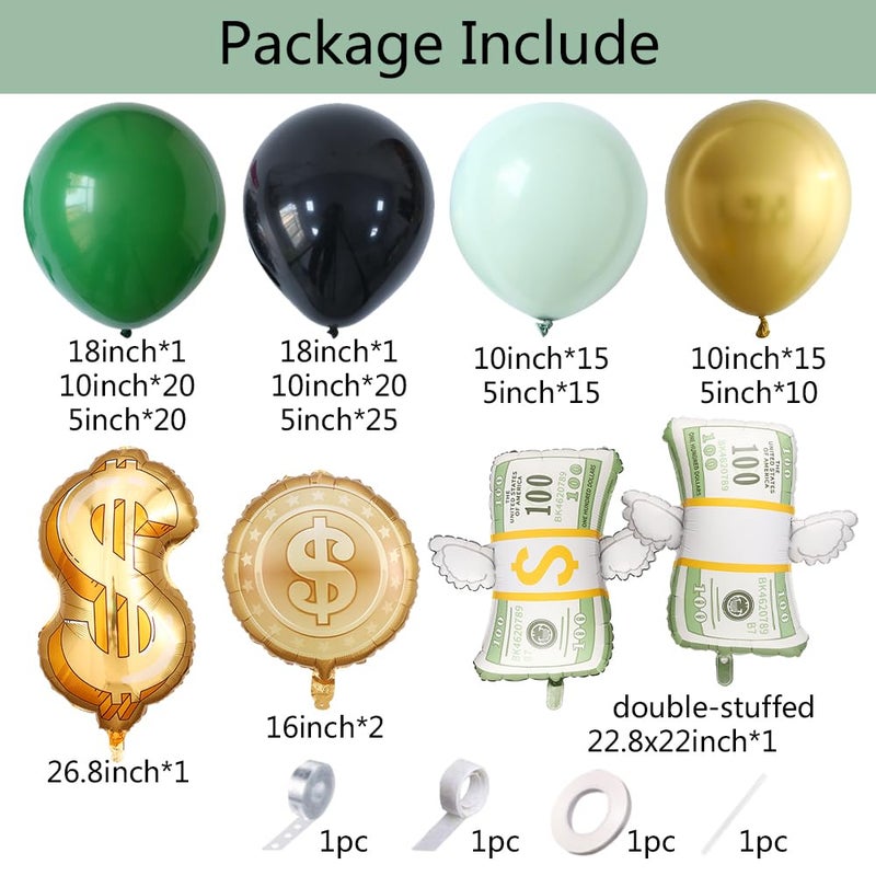 Heukikt 150Pcs Dollar Balloon Arch Kit, Green Metallic Gold Black Balloons with Dollar Foil Balloons for Birthday Money Theme Casino Anniversary Poker Night Party Decorations - Image 2