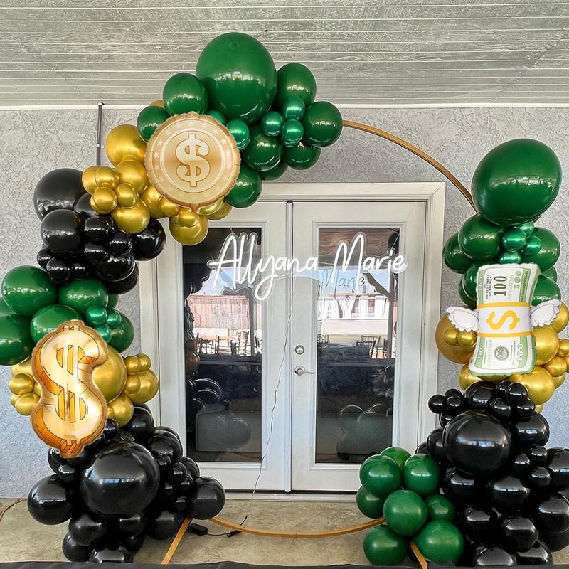 Heukikt 150Pcs Dollar Balloon Arch Kit, Green Metallic Gold Black Balloons with Dollar Foil Balloons for Birthday Money Theme Casino Anniversary Poker Night Party Decorations - Image 3