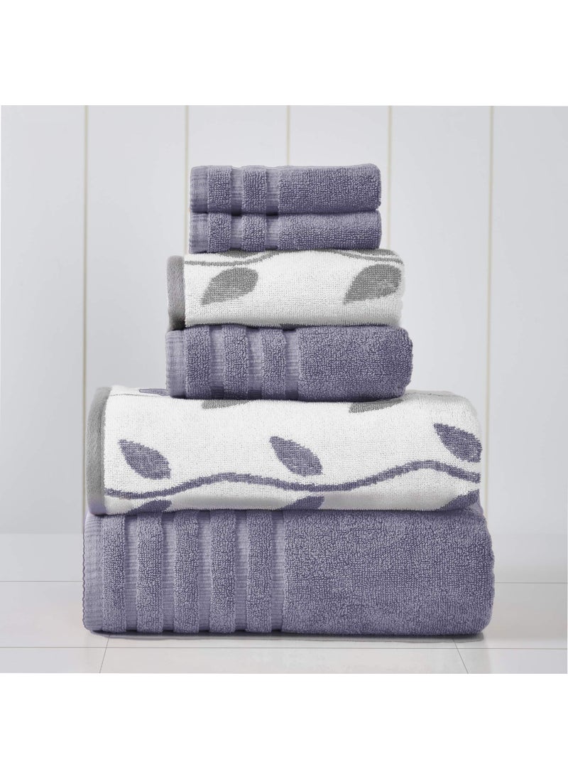Modern Threads Modern Threads 6Piece Yarn Dyed Towel Set Organic Vines Grey Lavender  Bath Towels Hand Towels  Washcloths  Super Absorbent  Quick Dry  100 Combed Cotton 