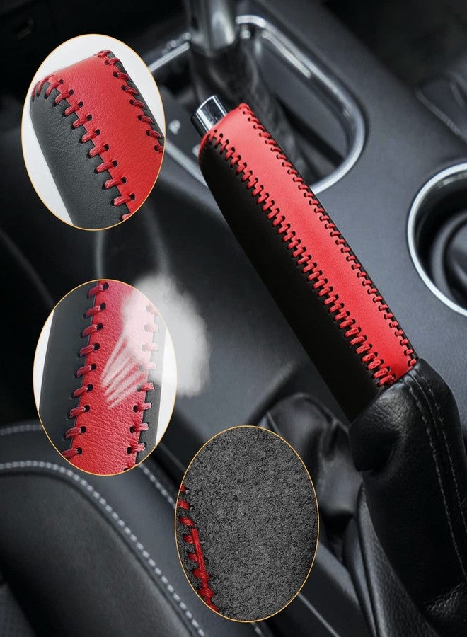 SUNBREATH Compatible with Black Red Genuine Leather Hand-Stitched Handbrake Protector Cover Interior Accessories Decoration for Ford Mustang 2015 2016 2017 2018 2019 2020 2021 2022 2023 Red Stitches - Image 1