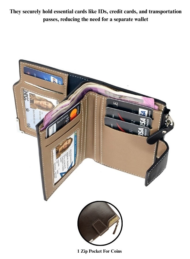 بايلليري محفظة جلدية للرجال، محفظة رجالية ثلاثية الطي بسحاب، لون القهوة - Image 3