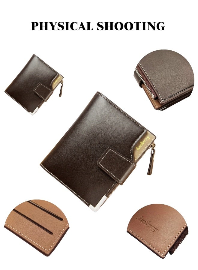 بايلليري محفظة جلدية للرجال، محفظة رجالية ثلاثية الطي بسحاب، لون القهوة - Image 5