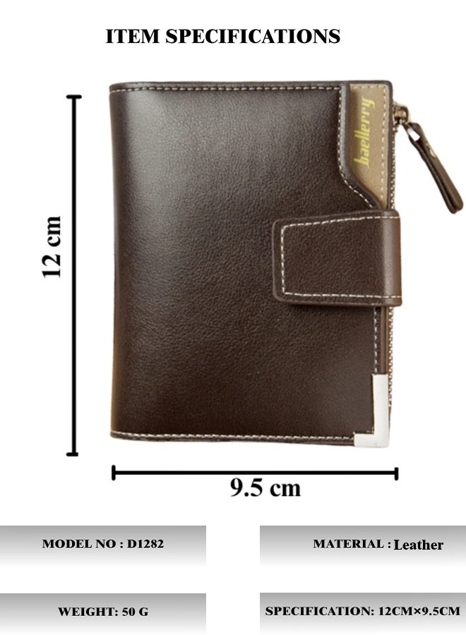 بايلليري محفظة جلدية للرجال، محفظة رجالية ثلاثية الطي بسحاب، لون القهوة - Image 4