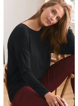Tchibo Women Round Neck Long Sleeve Plain Top, Black  - Image 1