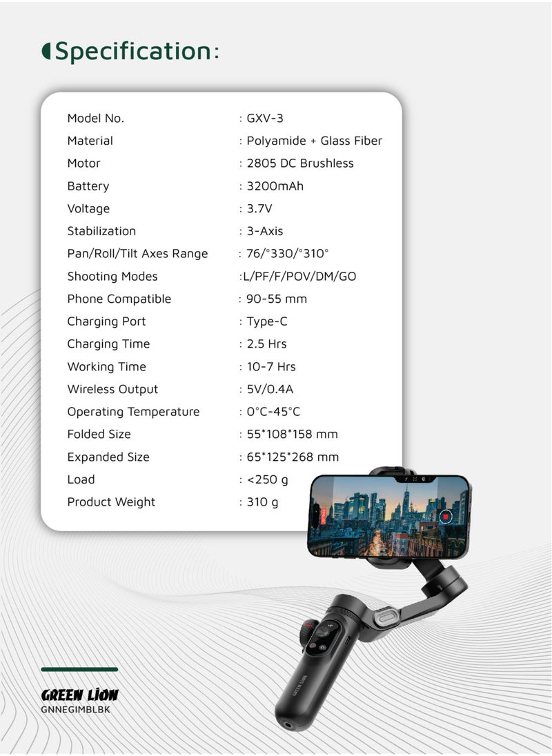 GREEN LION - New York Gimbal with Smart Face Tracking / Focus & Zoom Control | Smart Face Tracking | Built-In Fill Light | OLED Display | Ultra-Light Stabilizer- Black - Image 1