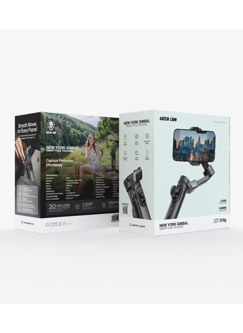 GREEN LION - New York Gimbal with Smart Face Tracking / Focus & Zoom Control | Smart Face Tracking | Built-In Fill Light | OLED Display | Ultra-Light Stabilizer- Black - Image 1
