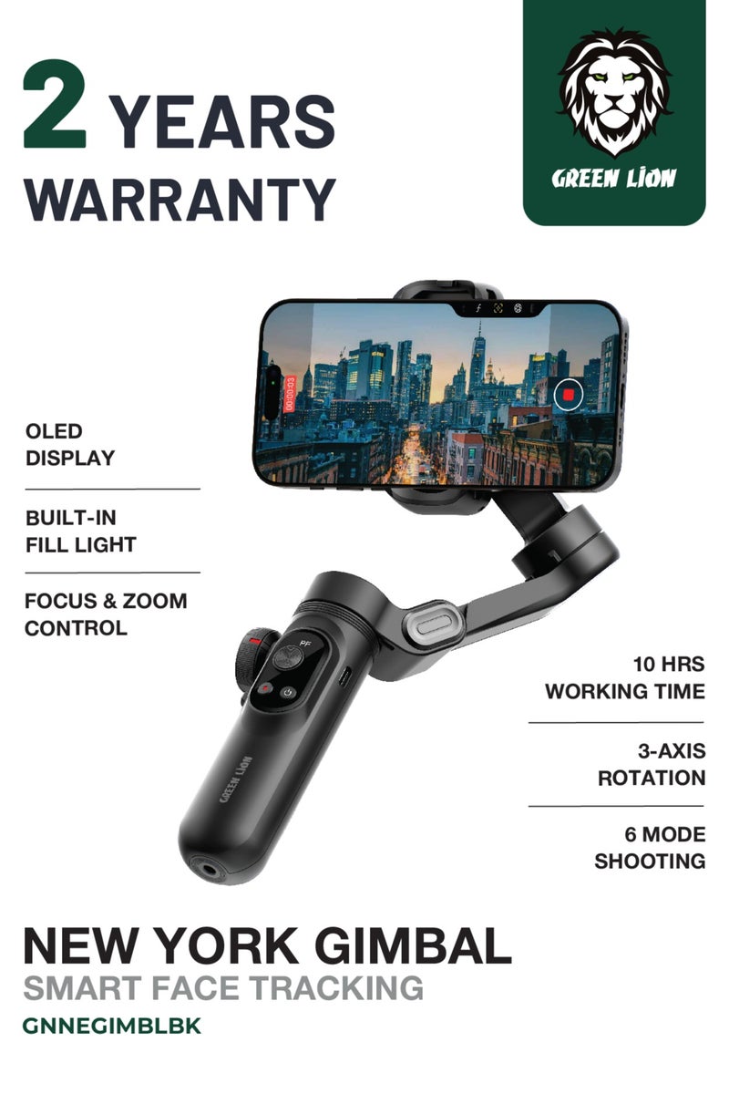 GREEN LION New York Gimbal with Smart Face Tracking / Focus & Zoom Control | Smart Face Tracking | Built-In Fill Light | OLED Display | Ultra-Light Stabilizer- Black - Image 1