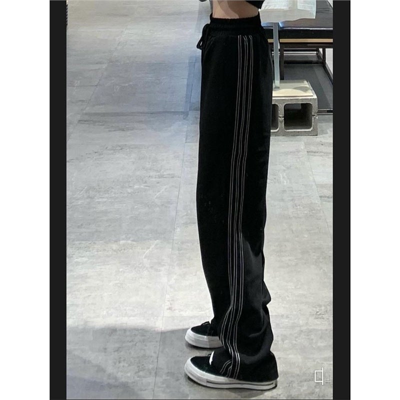 Black Side Stripe High Waist Straight Slim Look Tall Pants Womens American Loose Wide Leg Drawstring Casual Sports Pants jm threeg black 