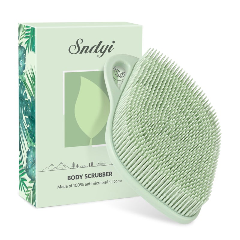 Sndyi Silicone Body Scrubber, Gentle Exfoliating Body Scrubber for Sensitive Skin, Leaf Shaped Shower Scrubber for Body with Lathering Bristles, Silicone Loofah Body Brush for Showering, Green - Image 1