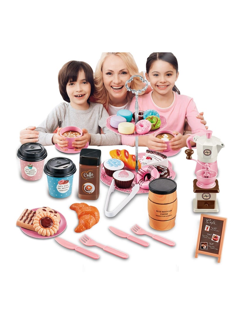 شو وو Tea Party Set for Little Girls, 38 PCS Pretend Including Coffee Maker and Play Food Dessert Set, Princess Time Toy, Kids Kitchen Girls Children Boys Age 3-9 - Image 4