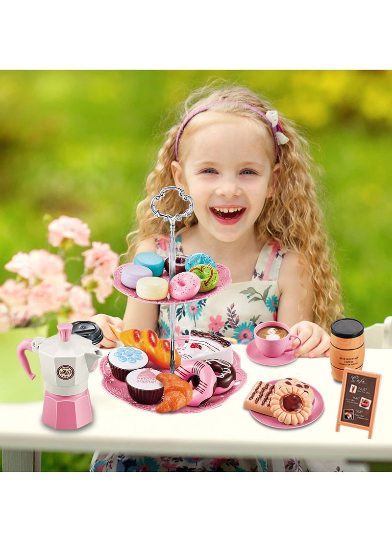 شو وو Tea Party Set for Little Girls, 38 PCS Pretend Including Coffee Maker and Play Food Dessert Set, Princess Time Toy, Kids Kitchen Girls Children Boys Age 3-9 - Image 5