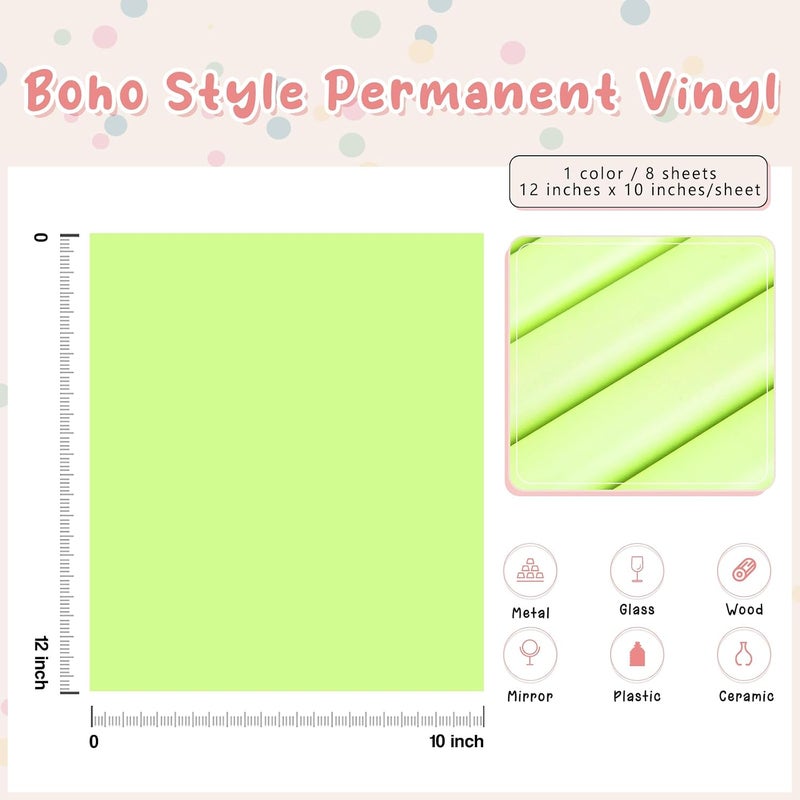 Tintnut Boho Permanent Vinyl - 8 Sheets 12"x10"Lunar Green Adhesive Vinyl Sheets Neon Self Sticker Waterproof Vinyl Compatible with Cricut Or Silhouett - Image 2