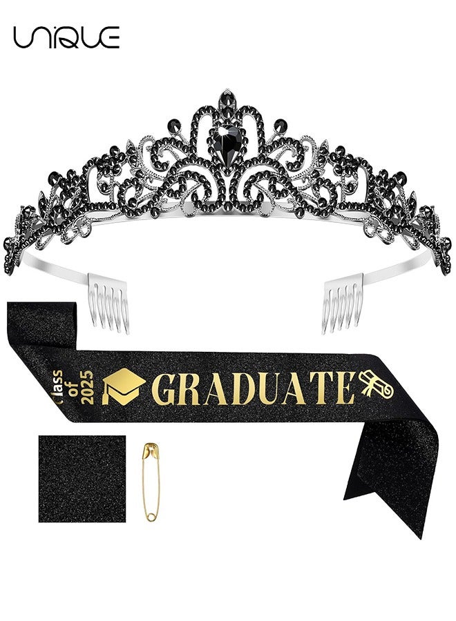 Unique 2 Pcs Graduation Party Supplies Kits - Glittered Metal Graduation Princess Grad Crown Tiara and Graduated Sash Present for Graduation Party Decorations Grad Decor Favors (Black)  - Image 1