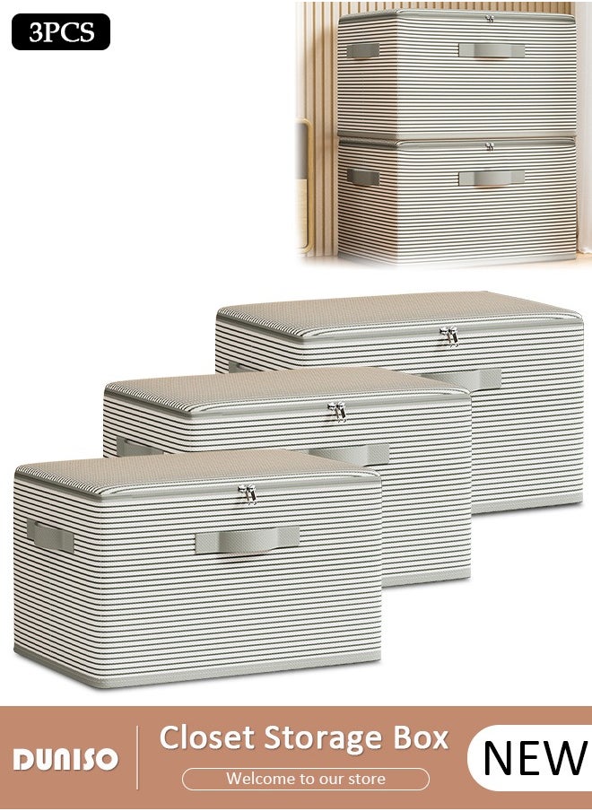 DUNISO 3 Pack Closet Storage Box with Zipper Lid, Dust Proof Attic Fabric Storage Box, Foldable Closet Storage Bins with Durable Handles, Wardrobe Clothes Organizer with Lid, Storage Basket for Seasonal Garment Organizer for Home, Closet, Office  - Image 1