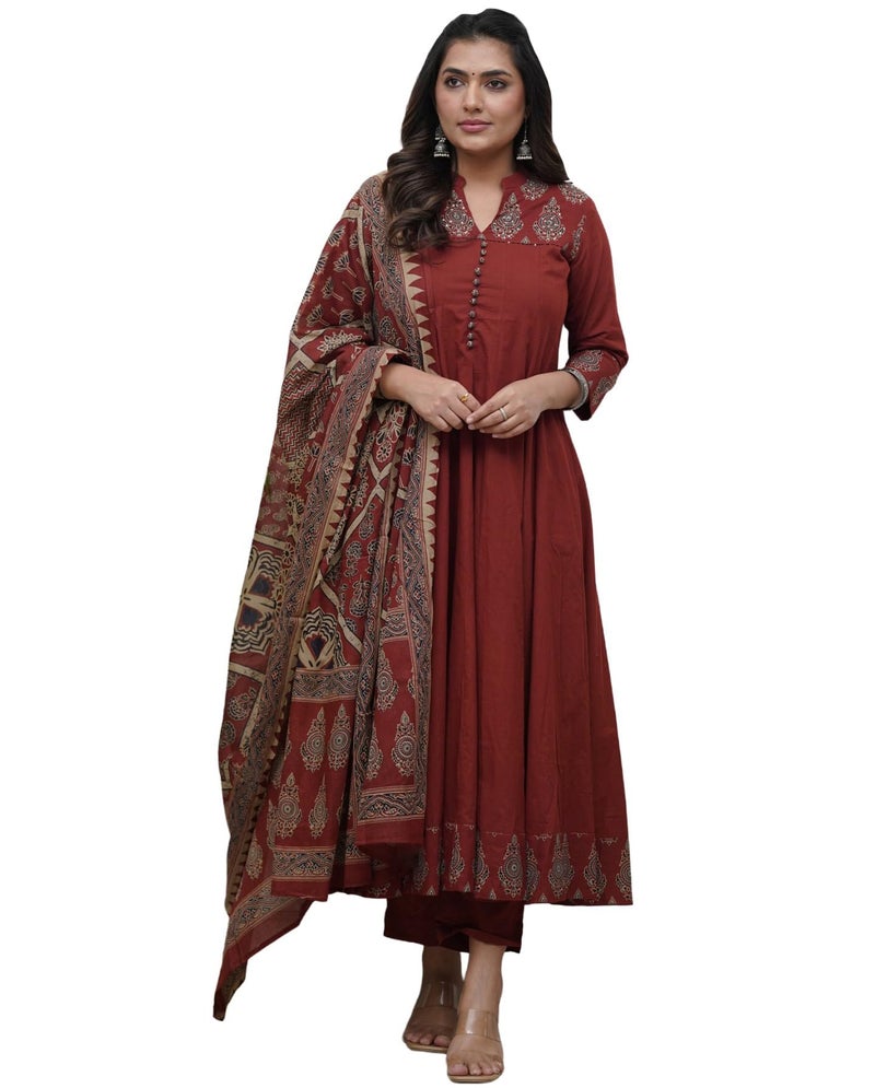 GoSriKi قميص أناركالي مطبوع من رايون فيسكوز للنساء مع بنطال ودوپاتا (مارون شامي-GS_M_Maroon_Medium) - Image 1