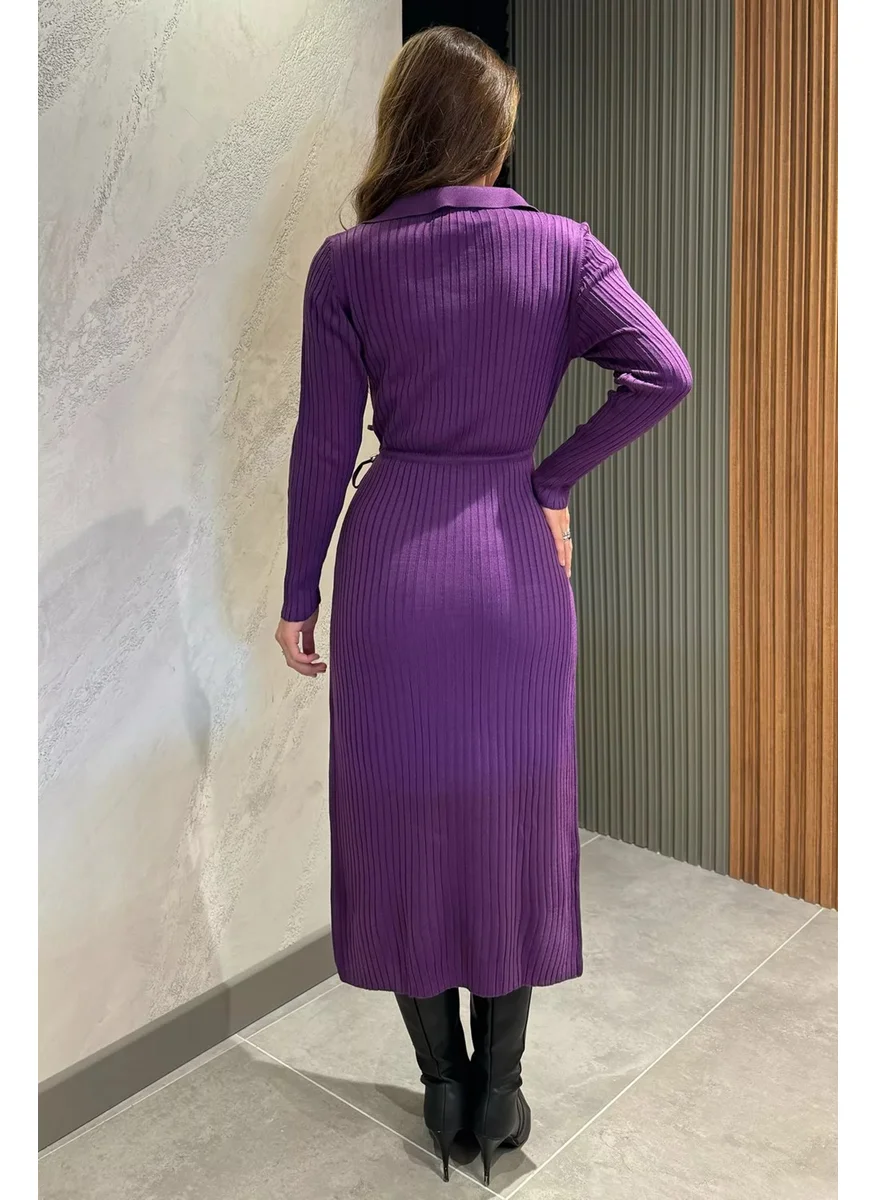 Gülseli Women's Polo Collar Waist Tied Long Knit Dress