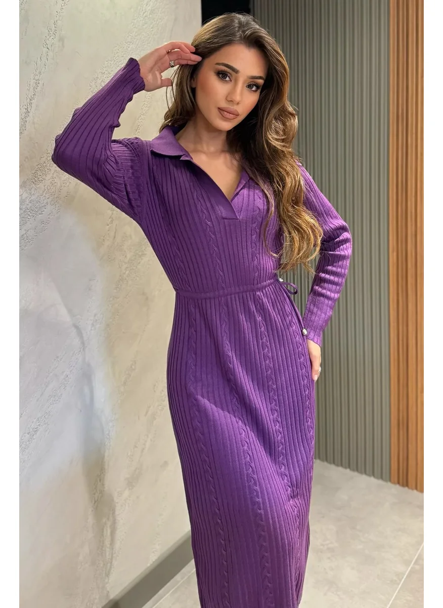Gülseli Women's Polo Collar Waist Tied Long Knit Dress