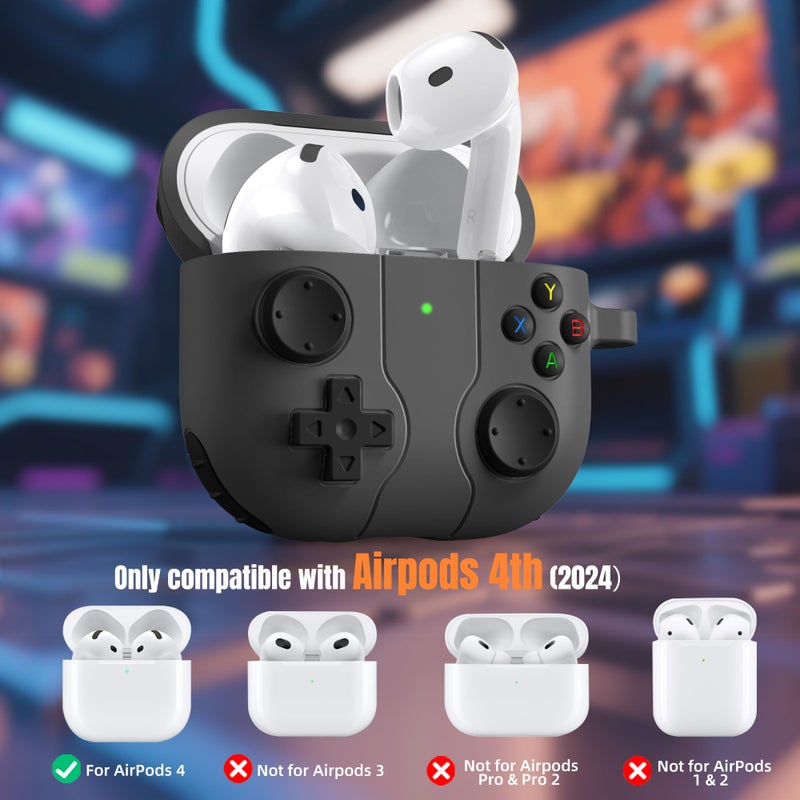 Getino Game Case for AirPods 4 2024 Cover with Cleaner Kit, Keychain, Compatible with Apple Airpods 4 Case Covers, Cute Funny Shock-Proof Protective Silicone AirPod 4 Cases for Men Boy-Black - Image 2