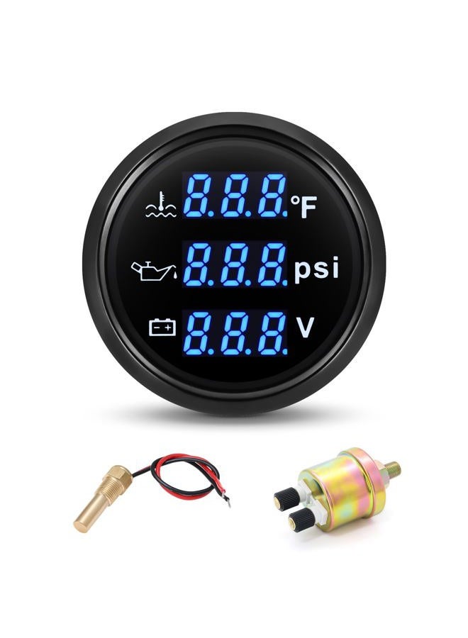 ARTILAURA Triple Gauge Set 3in1 (Oil Pressure+ Water Temperature + Voltmeter) 2" 52mm Blue Backlight AUTO Boat Gauge Kit with Sensor (Black) - Image 1
