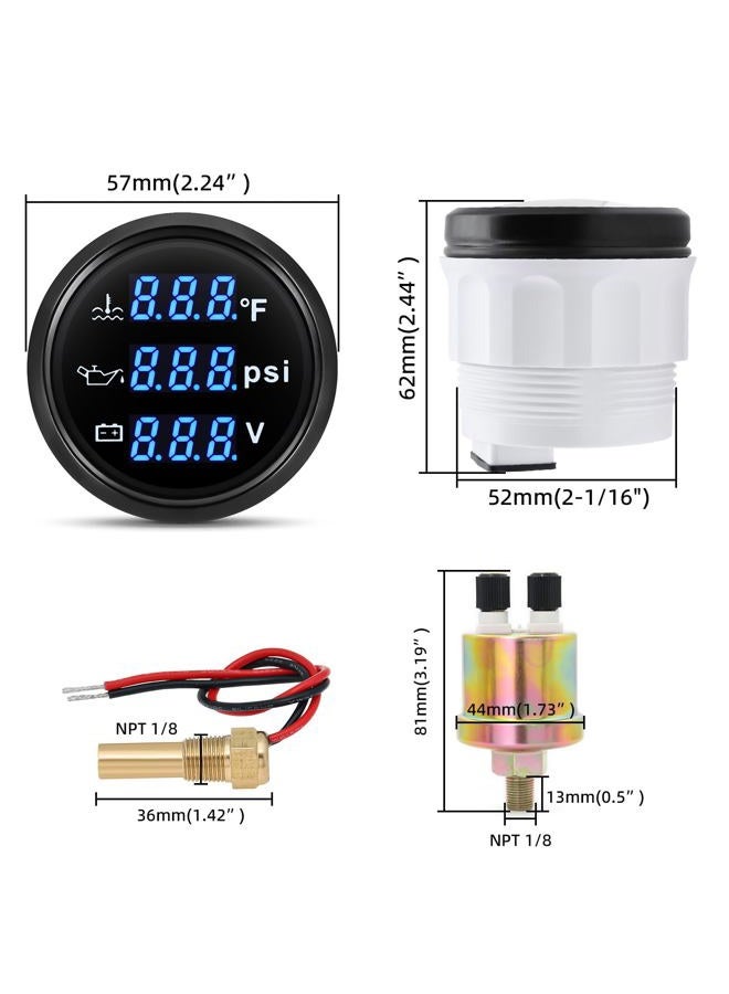 ARTILAURA Triple Gauge Set 3in1 (Oil Pressure+ Water Temperature + Voltmeter) 2" 52mm Blue Backlight AUTO Boat Gauge Kit with Sensor (Black) - Image 3