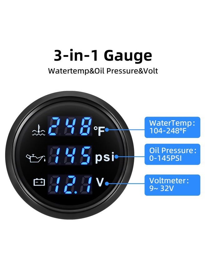 ARTILAURA Triple Gauge Set 3in1 (Oil Pressure+ Water Temperature + Voltmeter) 2" 52mm Blue Backlight AUTO Boat Gauge Kit with Sensor (Black) - Image 2
