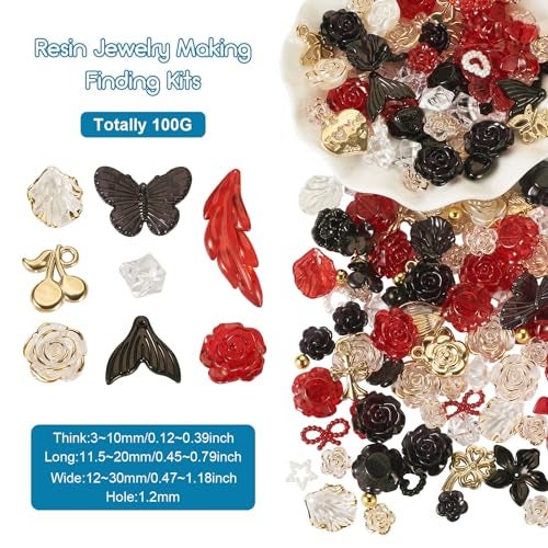 BB Beadthoven Beadthoven 300pcs 3D Resin Rose Flower Beads Embellishments Flatback Butterfly Bow Rose Cabochons Black Red Beads for Bracelet Earring Necklace Craft DIY Jewelry Making Supplies Halloween - Image 3