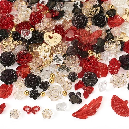 BB Beadthoven Beadthoven 300pcs 3D Resin Rose Flower Beads Embellishments Flatback Butterfly Bow Rose Cabochons Black Red Beads for Bracelet Earring Necklace Craft DIY Jewelry Making Supplies Halloween - Image 1