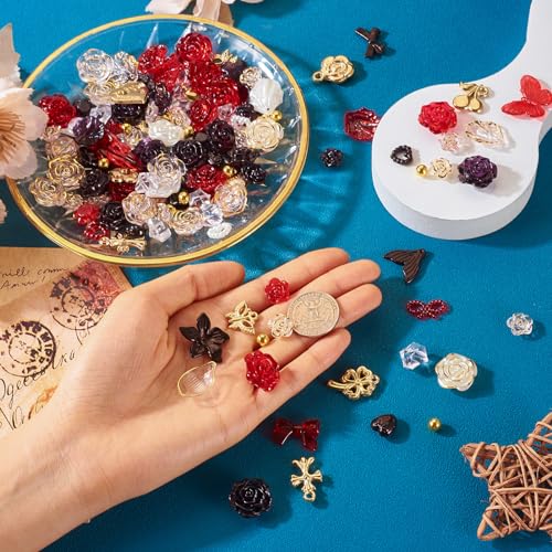 BB Beadthoven Beadthoven 300pcs 3D Resin Rose Flower Beads Embellishments Flatback Butterfly Bow Rose Cabochons Black Red Beads for Bracelet Earring Necklace Craft DIY Jewelry Making Supplies Halloween - Image 4