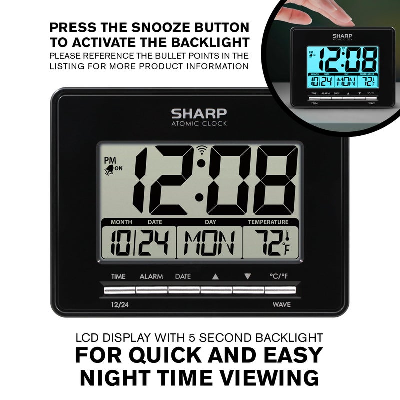 Sharp Atomic Desktop Clock â€“ Auto Set Digital Alarm Clock - Atomic Accuracy - Easy to Read Screen with Time/Date/Temperature Display- Perfect for Nightstand or Desk - Image 3