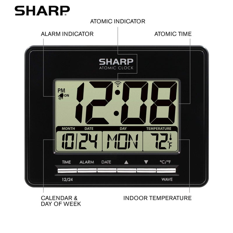 Sharp Atomic Desktop Clock â€“ Auto Set Digital Alarm Clock - Atomic Accuracy - Easy to Read Screen with Time/Date/Temperature Display- Perfect for Nightstand or Desk - Image 4