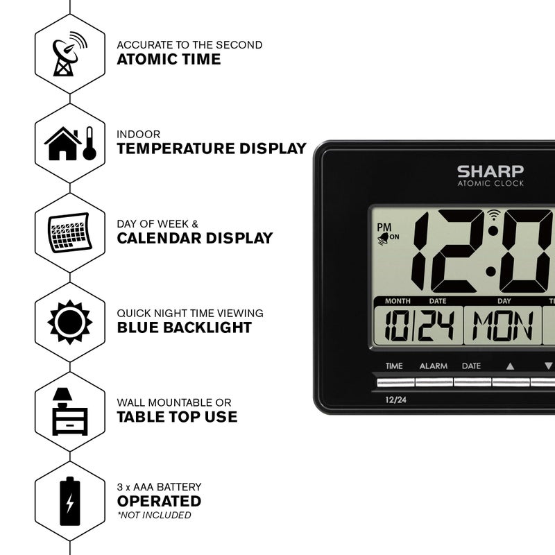 Sharp Atomic Desktop Clock â€“ Auto Set Digital Alarm Clock - Atomic Accuracy - Easy to Read Screen with Time/Date/Temperature Display- Perfect for Nightstand or Desk - Image 2