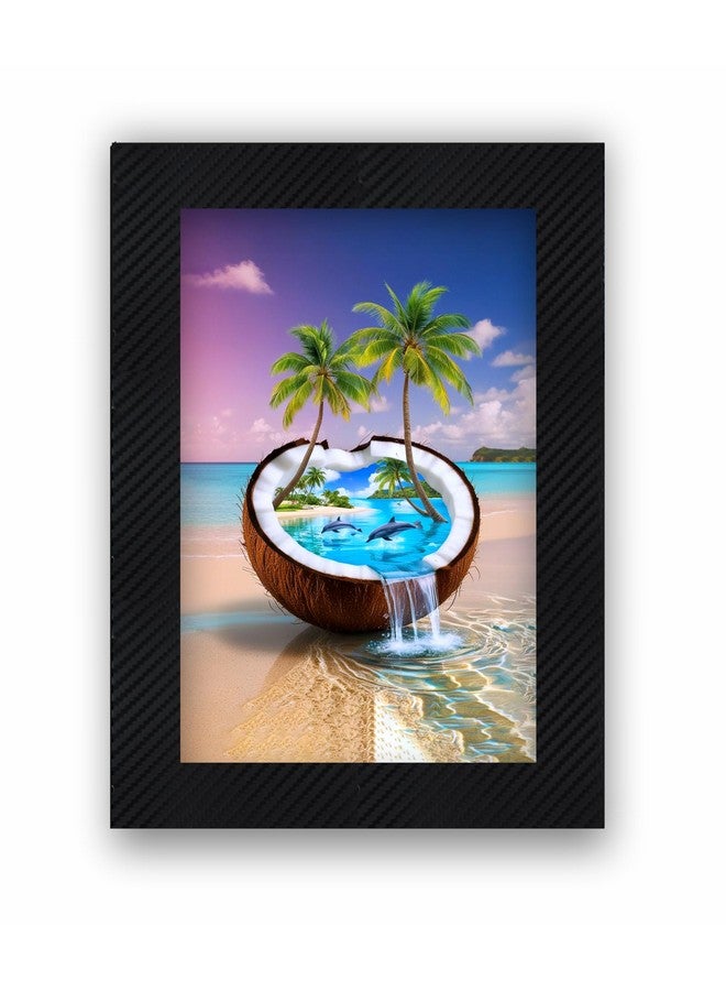 Tropical Paradise Beach Wall Art, Coconut Ocean Scene translight paper Print with Palm Trees and Dolphins, Modern Home Decor 5x8 inch - Image 1