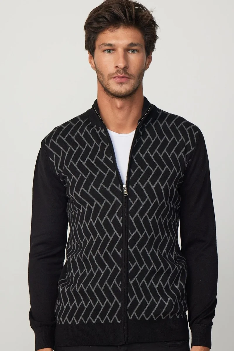 تودورس Men's Slim Fit Slim Cut Half Turtleneck Zippered Front Patterned Cardigan