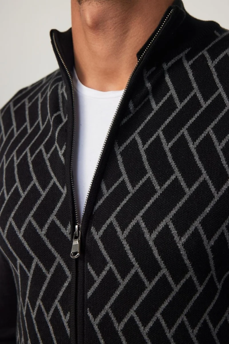 تودورس Men's Slim Fit Slim Cut Half Turtleneck Zippered Front Patterned Cardigan