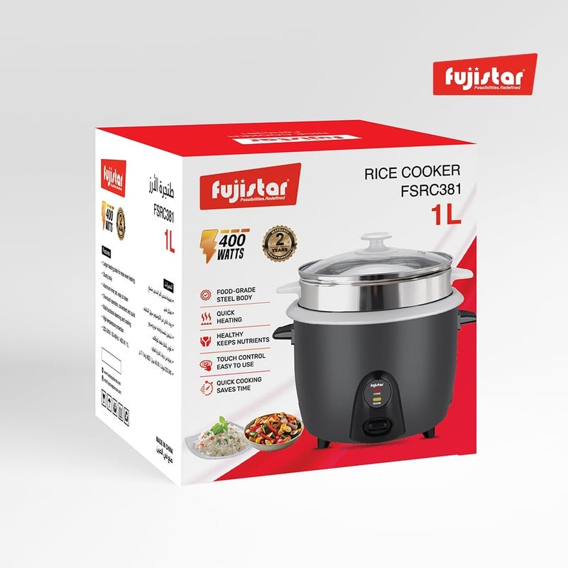 Fujistar Electric Rice Cooker FSRC381, 1L Capacity, 400W, Food-Grade Steel Body with Stainless Steel Steamer - Image 4