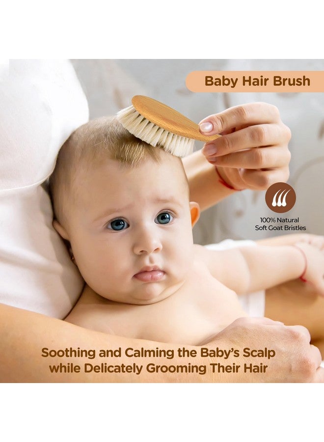 Wooden Baby Hair Brush and Comb Set (4-Piece) for Newborns and Toddles - Natural Soft Goat Bristles Hair Brush Wooden Massage Brush and Comb Silicon Massage Brush Prevents Cradle Cap - Image 1