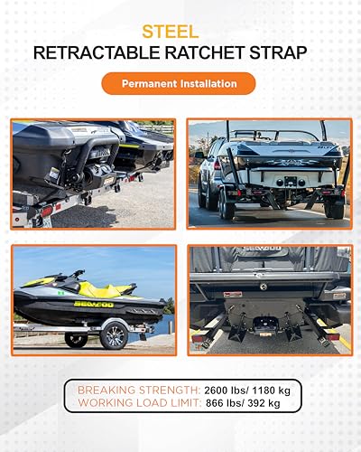 Strapinno 2PCS Retractable Ratchet Straps (1 7/8 in x 4 ft) Heavy Duty Transom Tie Downs for Boat, PWC Trailer - Extra Mounting Brackets & Bolt Set,Safety Latch S-Hook,Break Strength 2,600LBS/1,180KG - Image 5