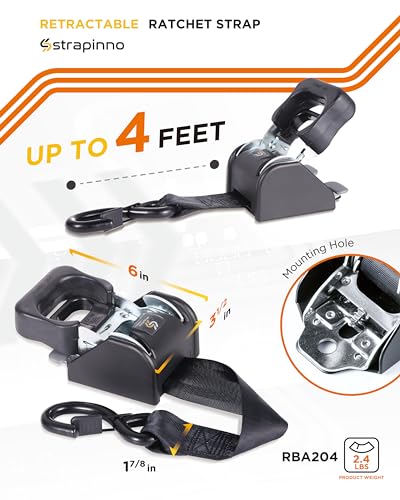Strapinno 2PCS Retractable Ratchet Straps (1 7/8 in x 4 ft) Heavy Duty Transom Tie Downs for Boat, PWC Trailer - Extra Mounting Brackets & Bolt Set,Safety Latch S-Hook,Break Strength 2,600LBS/1,180KG - Image 3