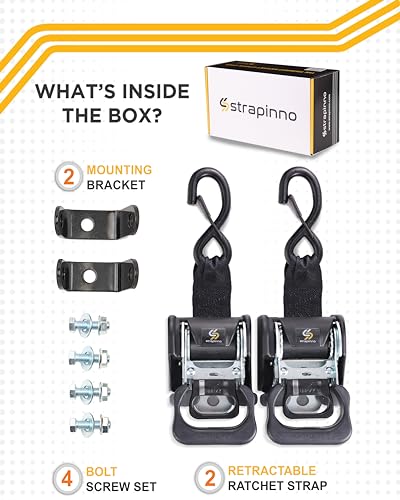 Strapinno 2PCS Retractable Ratchet Straps (1 7/8 in x 4 ft) Heavy Duty Transom Tie Downs for Boat, PWC Trailer - Extra Mounting Brackets & Bolt Set,Safety Latch S-Hook,Break Strength 2,600LBS/1,180KG - Image 2