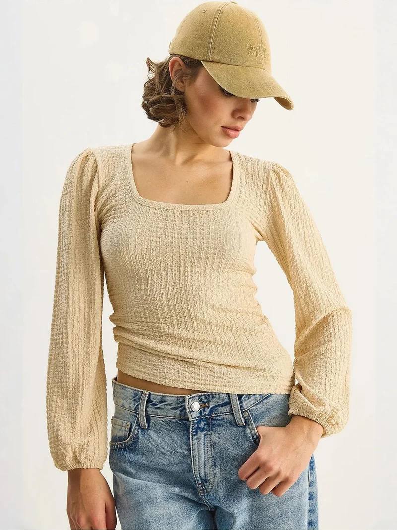 LUCCI Slim Fit Square Collar Textured Blouse