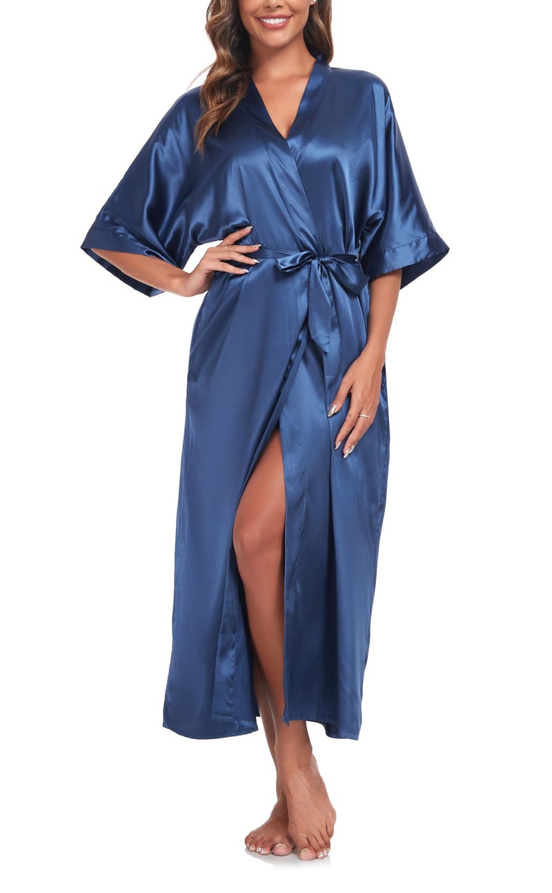 sunshinemall Women's Bridal Party Long Satin Bathrobe Kimono Nightgown Wedding Day Long Dress Gown - Image 1